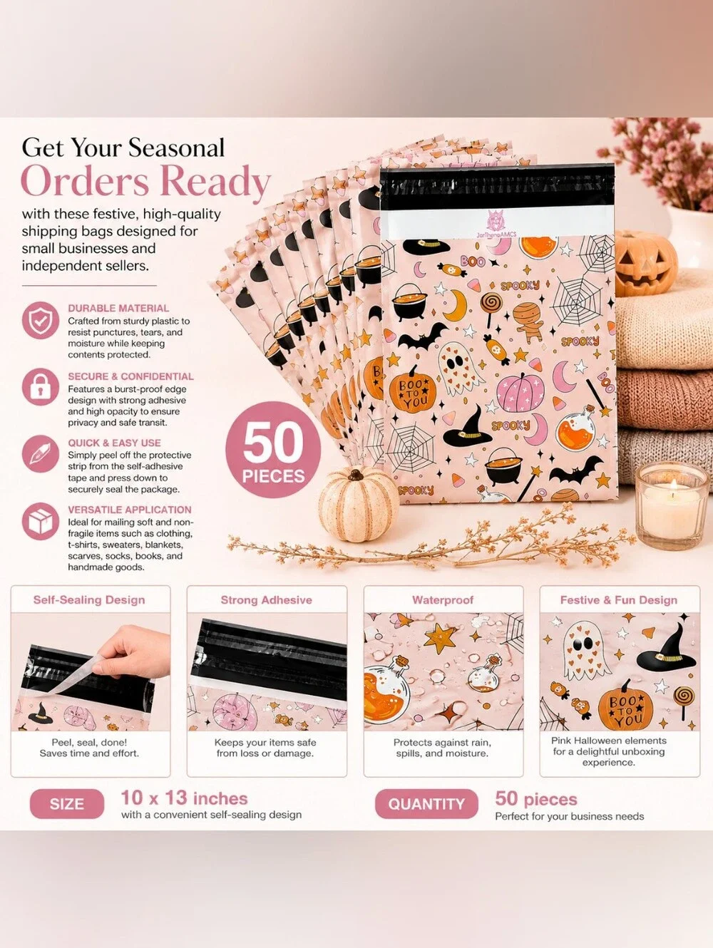 50 Halloween Spooky Heart Pumpkin Poly Mailers, 10x13 Inch Polymailers Ghost